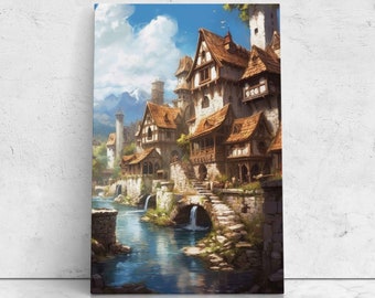Medieval Town Fantasy Art, Framed Canvas Print, Video Game Room Decor, Gift For Gamer