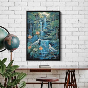 Art Deco Rainforest Waterfall Wall Art Canvas Print, Nature Flowing Water, Exotic Birds, Ready To Hang