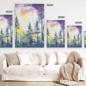 Moonlit Forest Watercolor Painting, 3 Piece Wall Art, Framed Canvas Print, Ready To Hang, Triptych Wall Art image 6