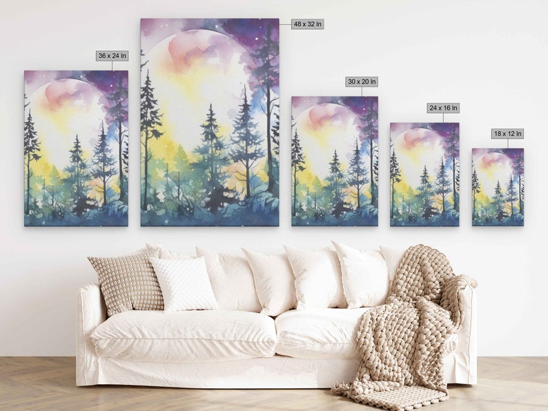 Moonlit Forest Watercolor Painting, 3 Piece Wall Art, Framed Canvas Print, Ready To Hang, Triptych Wall Art image 6