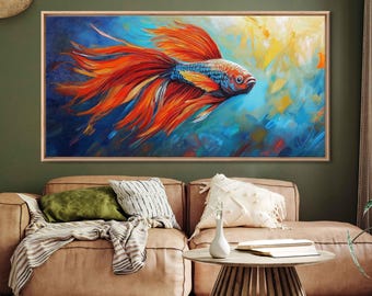 Vibrant Betta Fish, Wall Art Canvas Print, Expressive Colors, Dynamic Brushwork, Underwater Dance