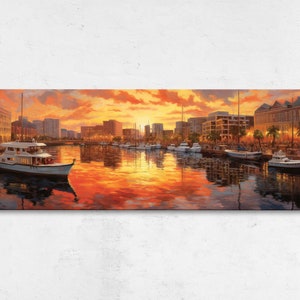 Waterfront City Boat Harbor At Sunset Landscape Painting, Framed Canvas Print, Ready To Hang