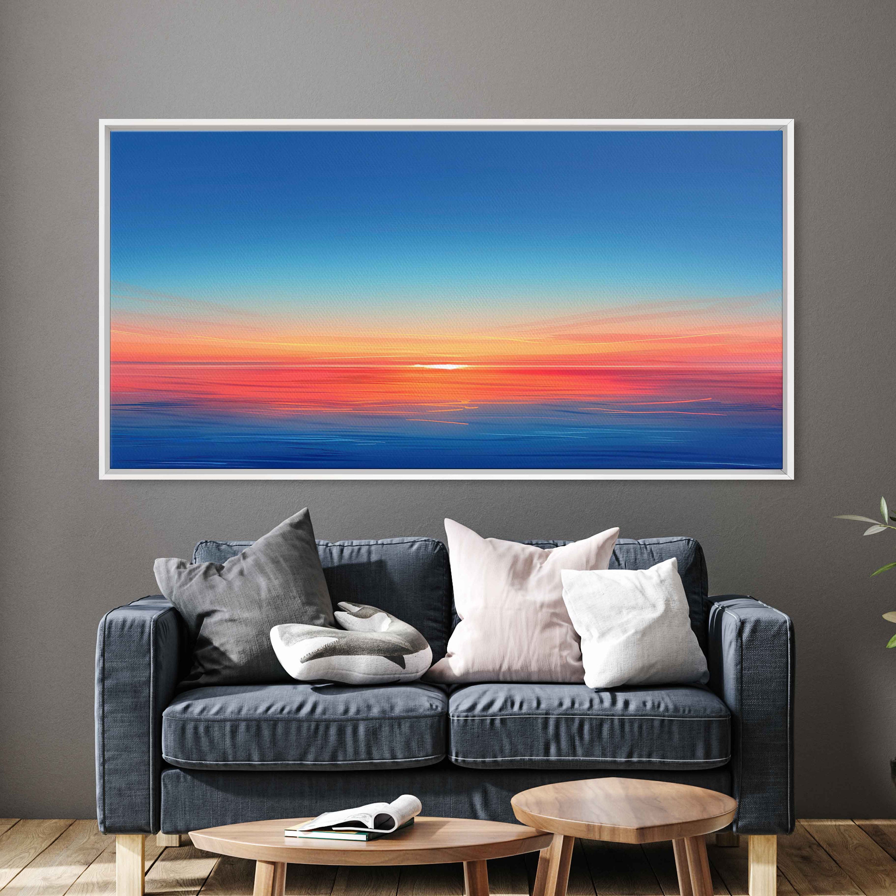 Sunset Horizon Painting, Blue Clear Sky, Canvas Wall Art
