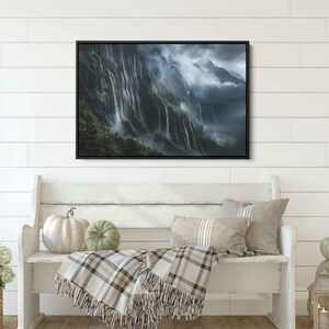 Cascading Waterfalls At Fiordland National Park Vista During Rainstorm Wall Art Canvas Print, Cloudy Skies, Ready To Hang