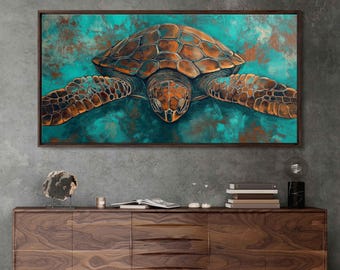 Sea Turtle Swimming With Intricate Shell Wall Art Canvas Print, Gift For Animal Lover, Nature Photo, Impressionism, Ready To Hang