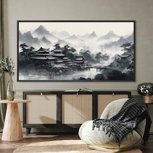 Japanese Ink Wash Monochrome Painting, Black And White, Framed Canvas Print, Panoramic Wall Art, Office Decor, Living Room Decor