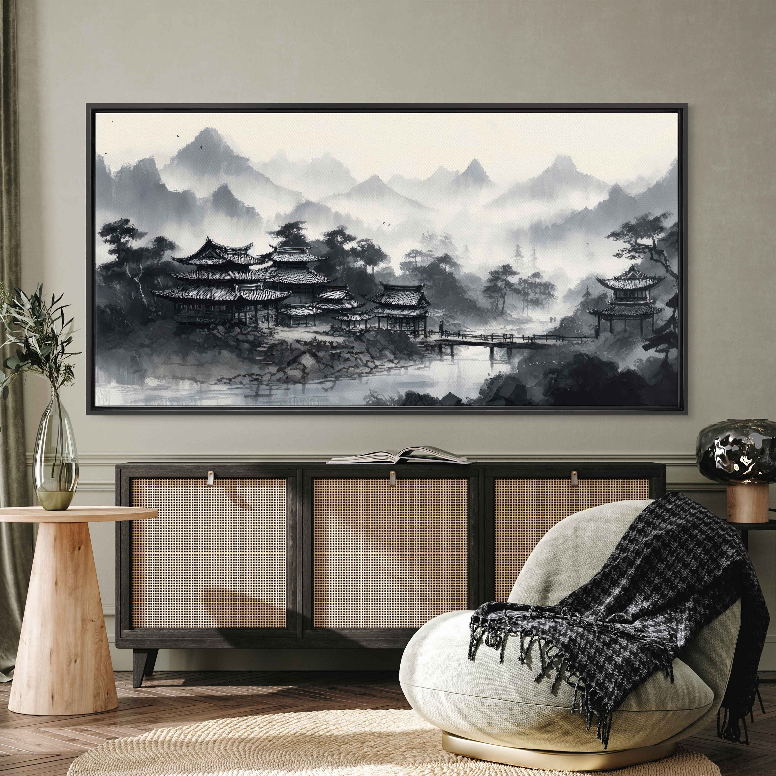 Japanese Ink Wash Monochrome Painting, Black and White, Framed
