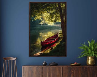 Lone Red Canoe by Tranquil Lake, Wall Art Canvas Print