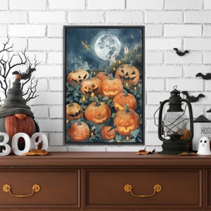 May include: A Halloween-themed painting featuring a group of carved pumpkins with spooky faces, surrounded by green leaves and a full moon in the background.
