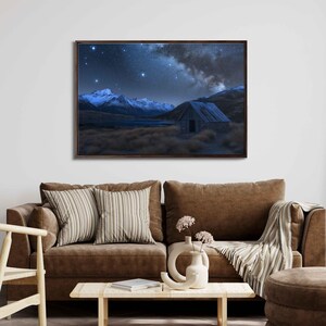 Milky Way Galaxy And Starry Night Sky Over Moonlit Mountain Range Wall Art Canvas Print, Outer Space, Wood Cabin, Ready To Hang
