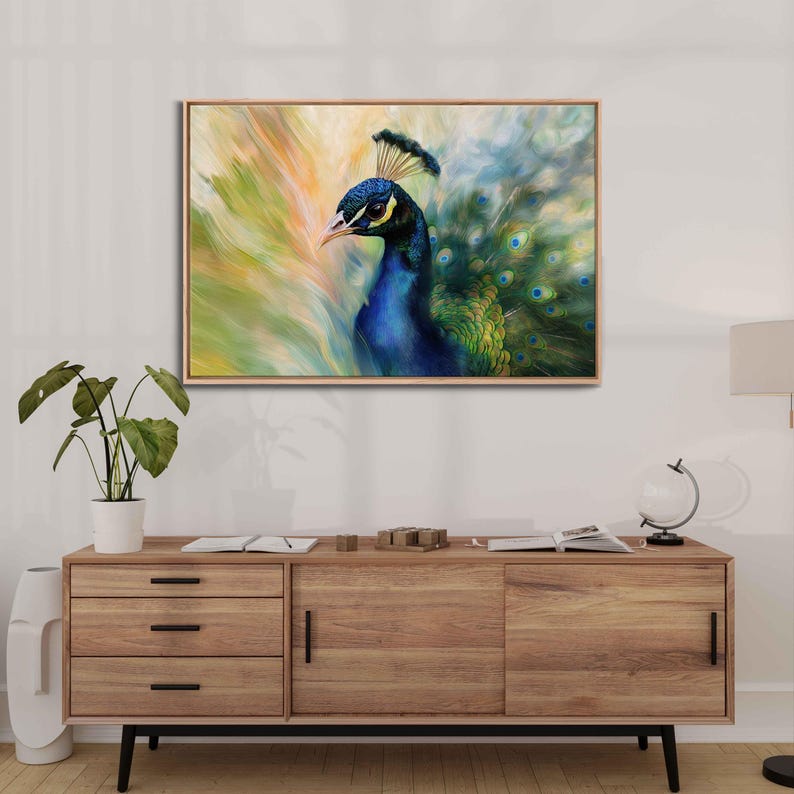 Vibrant Peacock Closeup Wall Art Canvas Print, Gift For Animal Lover, Nature Photo, Impressionism, Beautiful Bird, Ready To Hang image 1