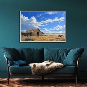 Southwest Ranch Scene, Wall Art Canvas Print, Rustic Stables, Grazing Horses, Desert Vistas