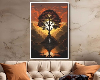 Sunrise Over Tree Symbol Wall Art Canvas Print, Anime Samurai Vibes, Reflection Off Water, Ready To Hang
