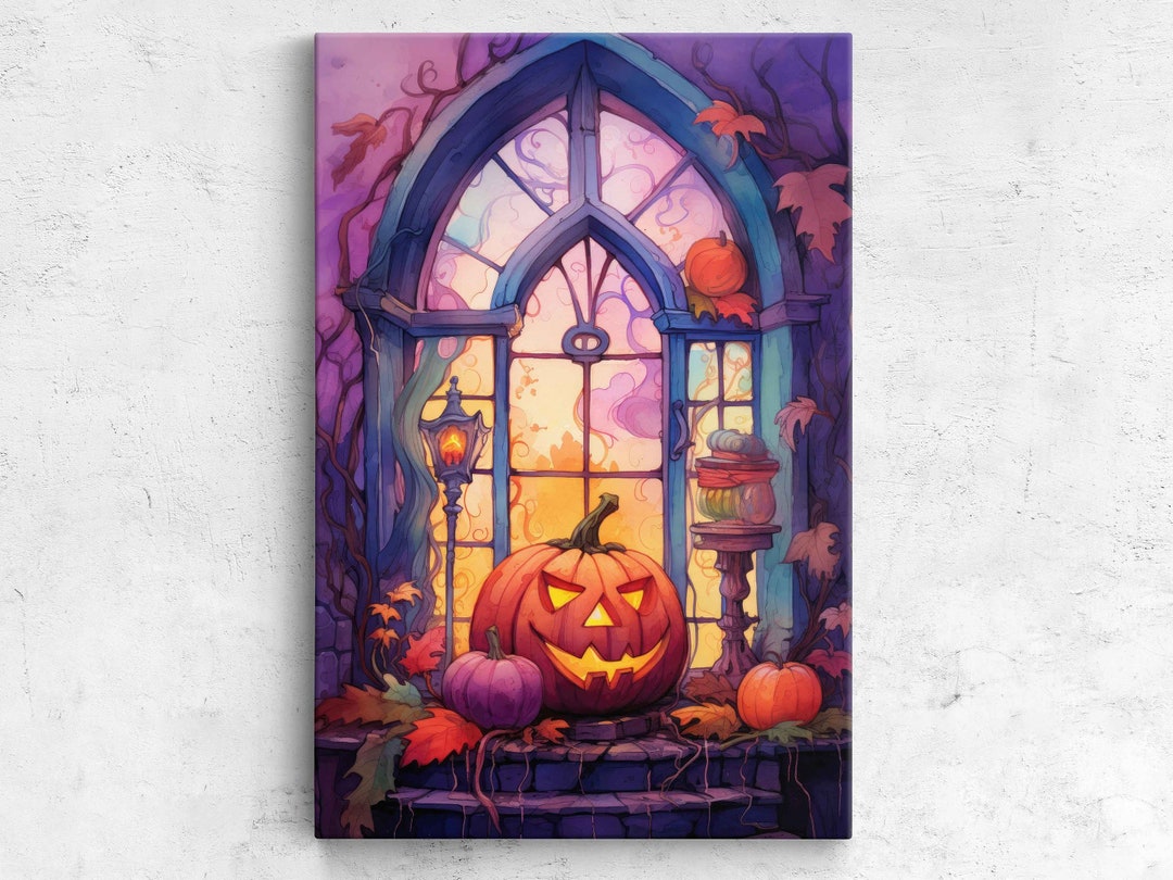 Halloween Jack O Lantern Watercolor Painting, Canvas Wall Art, Ready to ...