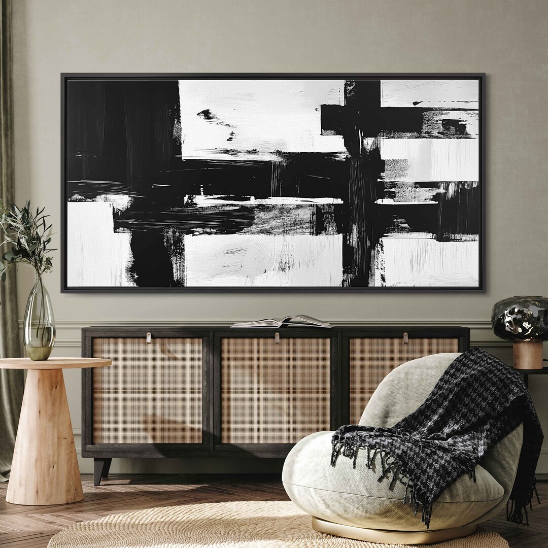 Black and White Brush Strokes Minimalist Abstract Wall Art Canvas Print ...