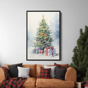 Christmas Tree Watercolor Painting, Framed Canvas Print, Christmas Decorations, Gift For Christmas, Ready To Hang, Winter Pine Tree