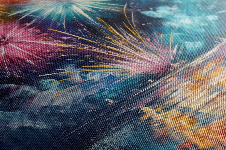 Exploding Fireworks Over Water Wall Art Canvas Print, Colorful Explosions In Sky, Ready To Hang image 5