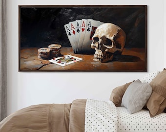 Hand Of Aces And Skull Wall Art Canvas Print, Man Cave Decor, Gift For Him, Playing Cards, Ready To Hang