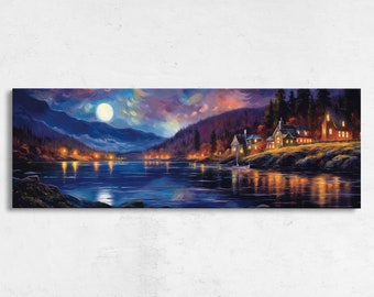 Panoramic Starry Night Sky Coastal Town, Framed Canvas Print, Ready To Hang, Lake View Art, Moonlight Landscape