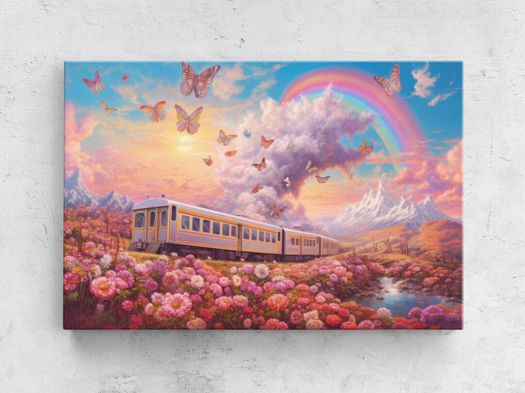 Dreamy World With A Train Butterflies and Rainbow Framed Etsy