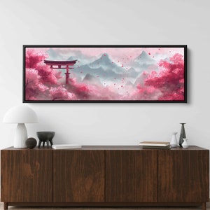 Japanese Cherry Blossoms Traditional Landscape Wall Art Canvas Print, Foggy Mountains, Asian Pagoda, Ready To Hang