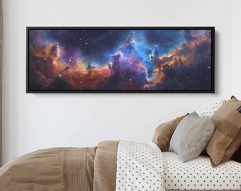 May include: A panoramic photograph of a nebula in space. The nebula is a swirling mass of gas and dust, with shades of blue, purple, orange, and red. The nebula is set against a backdrop of a dark, starry sky.