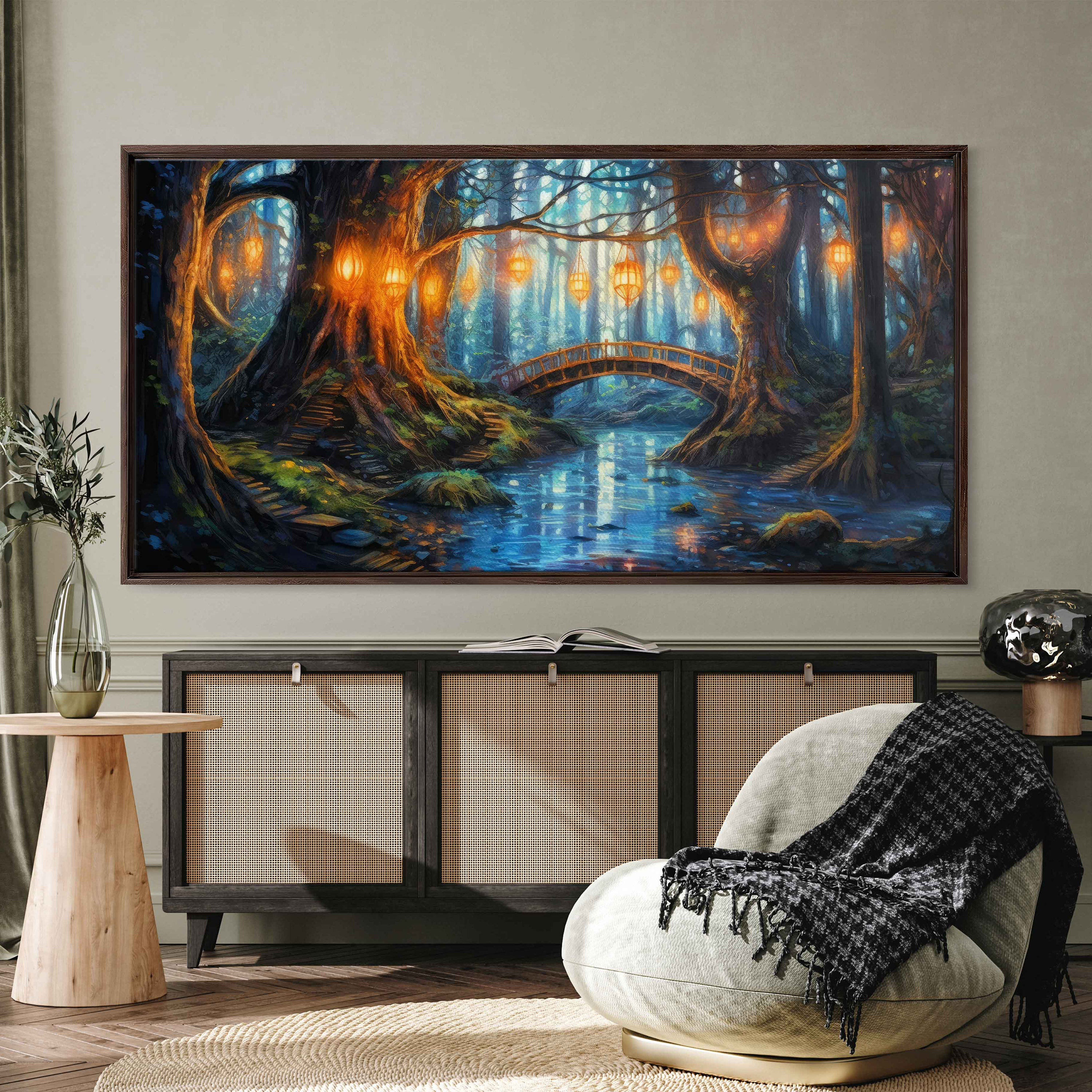 Enchanted Lantern Forest, Wooden Bridge, Blue Pond, Fantasy Art