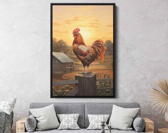 Rooster Wall Art Painting, Framed Canvas Print, Ready To Hang
