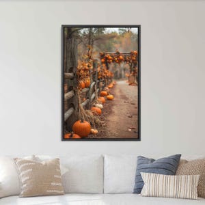 Rustic Wooden Fence Decorated With Pumpkins And Autumn Decor Photo Wall Art Canvas Print, Fall Leaves, Farmhouse Decor, Ready To Hang