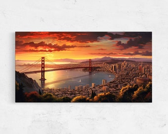 May include: A panoramic view of the Golden Gate Bridge in San Francisco at sunset. The bridge is red and orange, and the city skyline is visible in the background. The water is a deep blue, and the sky is a vibrant orange and pink.