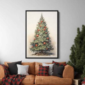 Christmas Tree Painting With Red Ornaments, Festive Art, Holiday Art, Framed Canvas Print, Ready To Hang, Christmas Gift