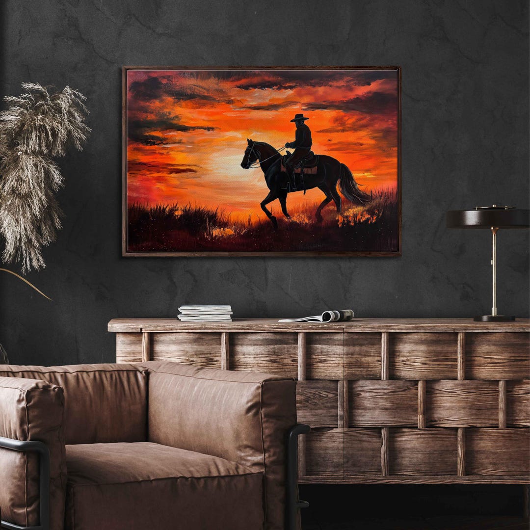 Cowboy Riding Horse Into Sunset Acrylic Wall Art Canvas Print, Western ...