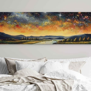 Starry Night Landscape Panoramic Oil Painting, Digital Art Print On Canvas, Ready To Hang, Living Room Decor, Large Wall Art