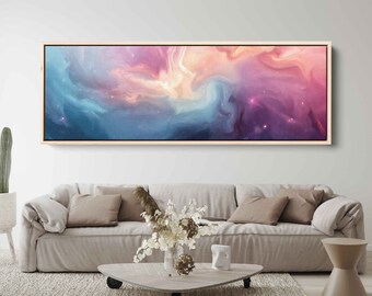 May include: A long, horizontal abstract painting with a wooden frame. The painting features a swirling, nebula-like design in shades of pink, blue, and purple.
