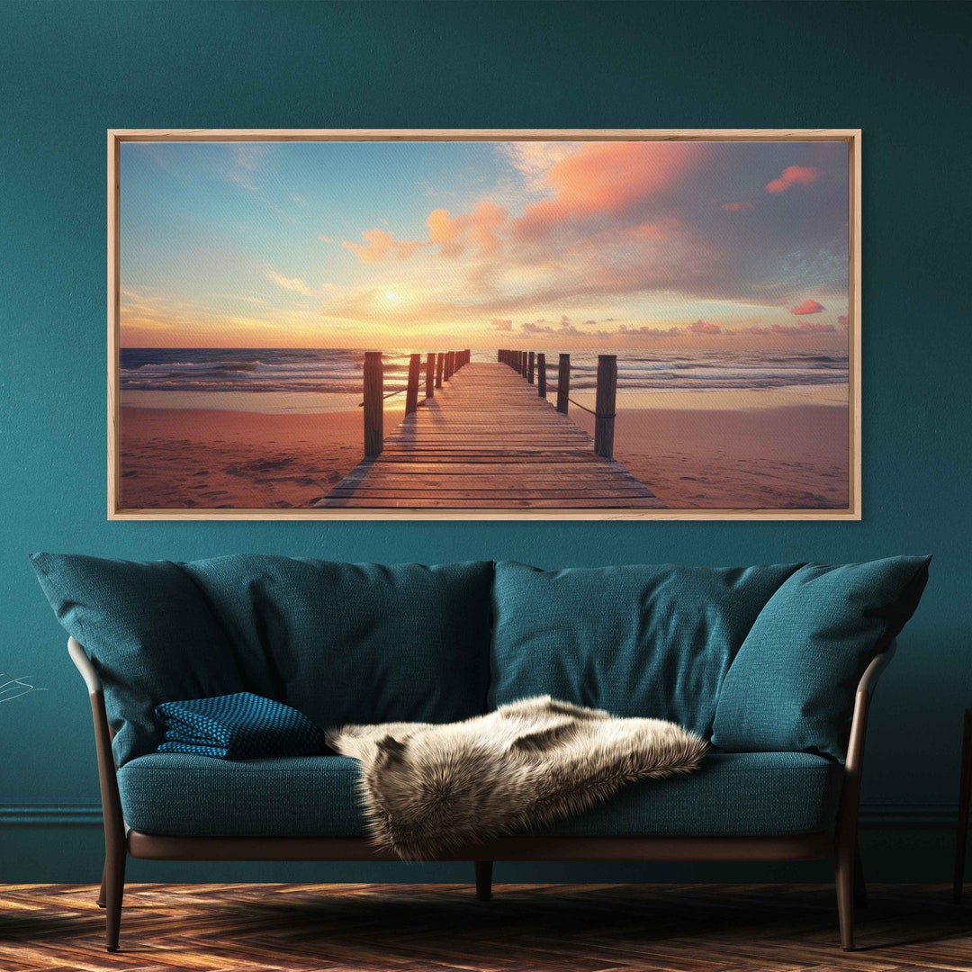 Sunset Over Beach Pier Wall Art Canvas Print, Sandy Beach Cloudy Sky ...