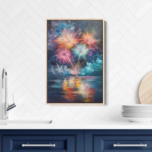 Exploding Fireworks Over Water Wall Art Canvas Print, Colorful Explosions In Sky, Ready To Hang image 4