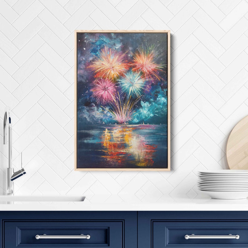 Exploding Fireworks Over Water Wall Art Canvas Print, Colorful Explosions In Sky, Ready To Hang image 4
