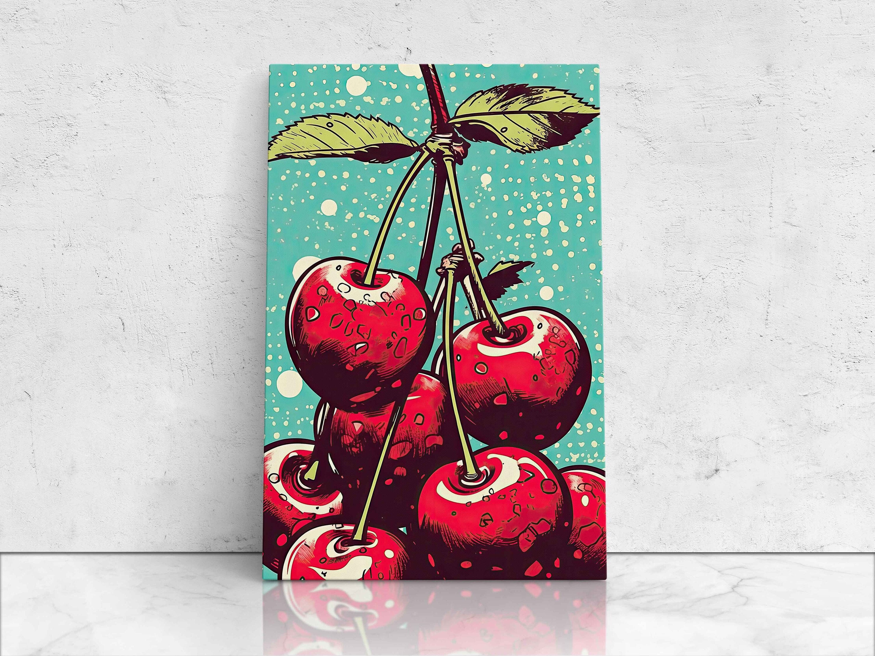Cherry Pop Art Painting on Canvas, Digital Print, Modern