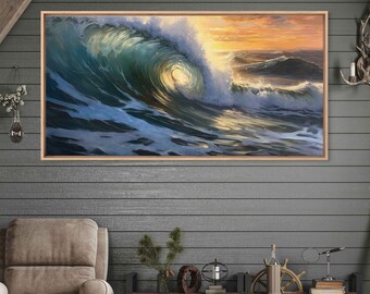Abstract Ocean Waves Oil Painting, Framed Canvas Print, Ready To Hang, Office Decor