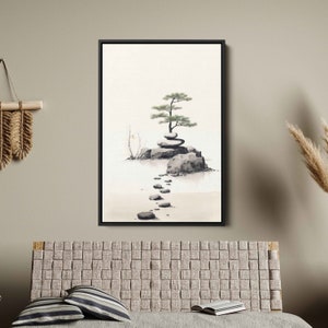 Japanese Zen Garden Watercolor Painting, Framed Canvas Print, Ready To Hang, Minimalist Japanese Art