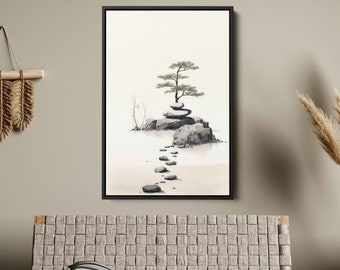 Japanese Zen Garden Watercolor Painting, Framed Canvas Print, Ready To Hang, Minimalist Japanese Art