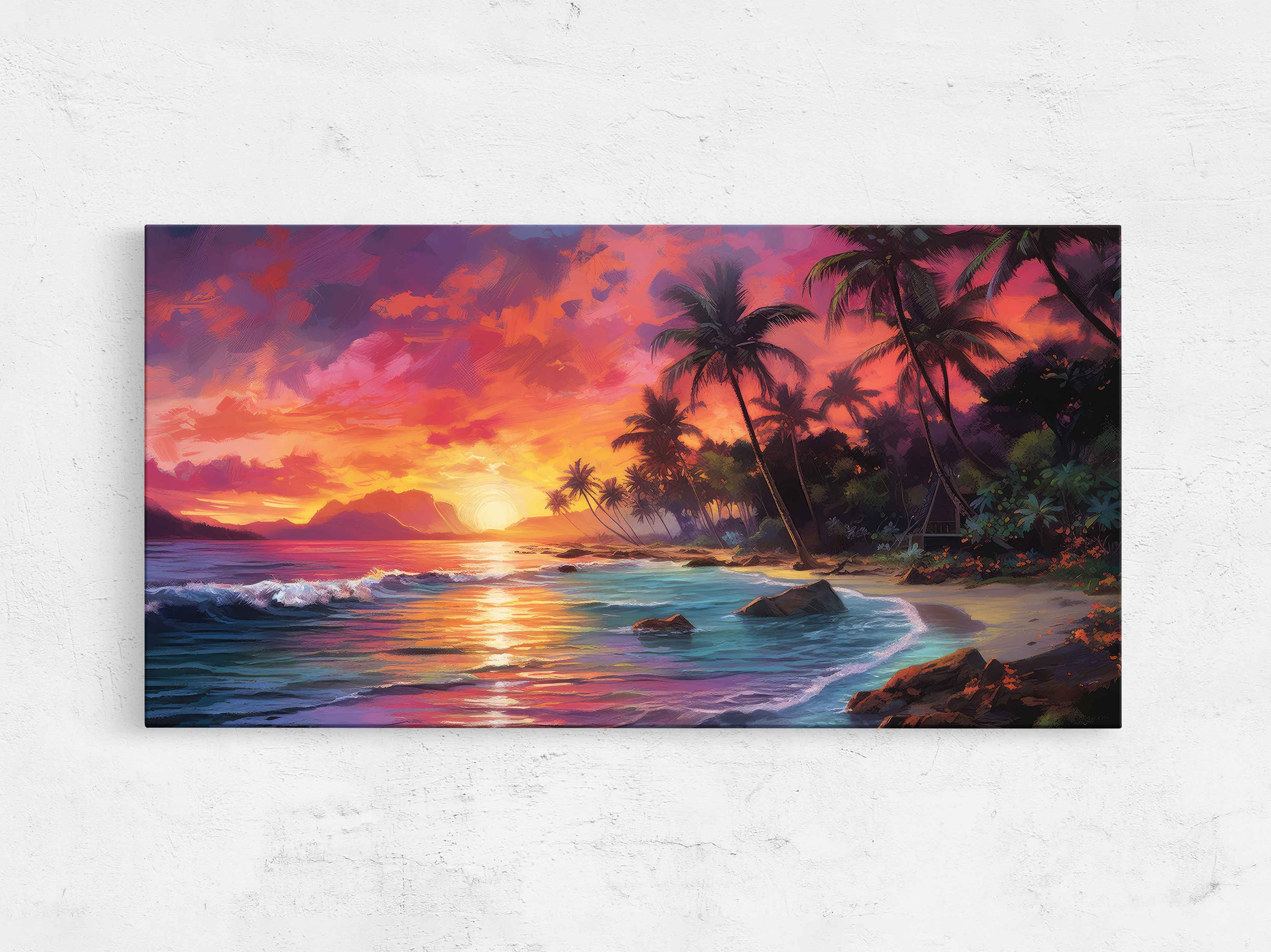 Colorful Neon Beach Sunset Oil Painting, Framed Canvas Print