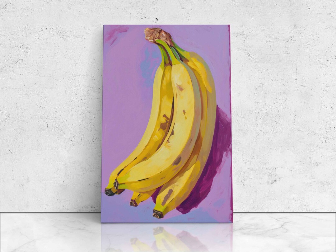 Bananas Oil Painting on Purple Background, Gouache Painting, Digital
