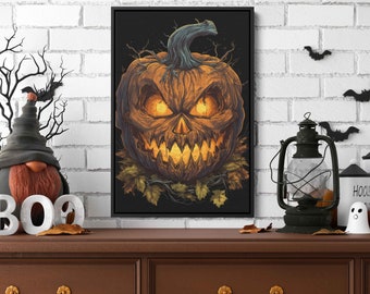 Halloween Pumpkins Painting Wall Art, Scary Jack O Lantern,  Spooky Art, Framed Canvas Print, Ready To Hang