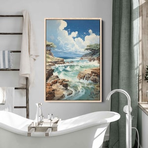 May include: A painting of a seascape with crashing waves and rocky cliffs. The sky is blue with white clouds. The water is a turquoise blue.