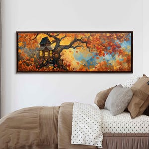 May include: A painting of a tree house nestled in the branches of a large tree with autumn leaves. The tree house has a warm glow coming from the windows. The background is a vibrant mix of orange, yellow, and red leaves.