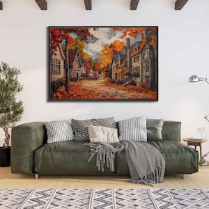 Cozy Autumn Village With Charming Cottages Acrylic Wall Art Canvas Print, Fall Foliage, Cabin Decor, Ready To Hang