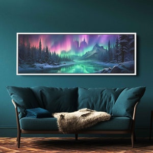 Panoramic Northern Lights Landscape, Aurora Borealis, Framed Canvas Print, Colorful Artwork, Home Decor