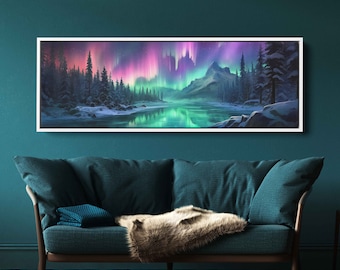 Panoramic Northern Lights Landscape, Aurora Borealis, Framed Canvas Print, Colorful Artwork, Home Decor