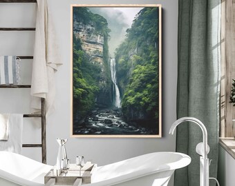 Towering Waterfall Over Rugged Cliffs Wall Art Ready To Hang, Cliffside Nature, Crashing Water, Ready To Hang